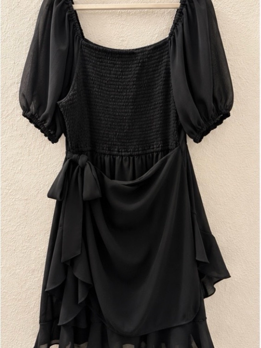 Kikibell Black Smocked Ruffle Wrap Mini Dress XL Puff Sleeve